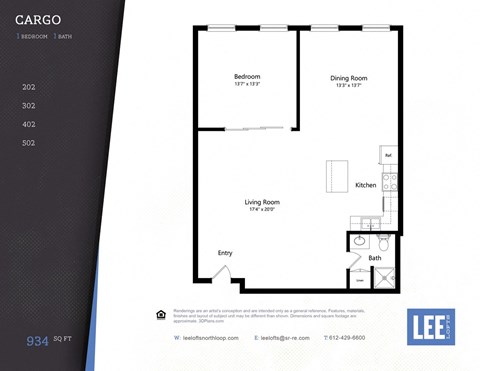 A floor plan for a cargo apartment with a living room, dining room, kitchen, and bath.